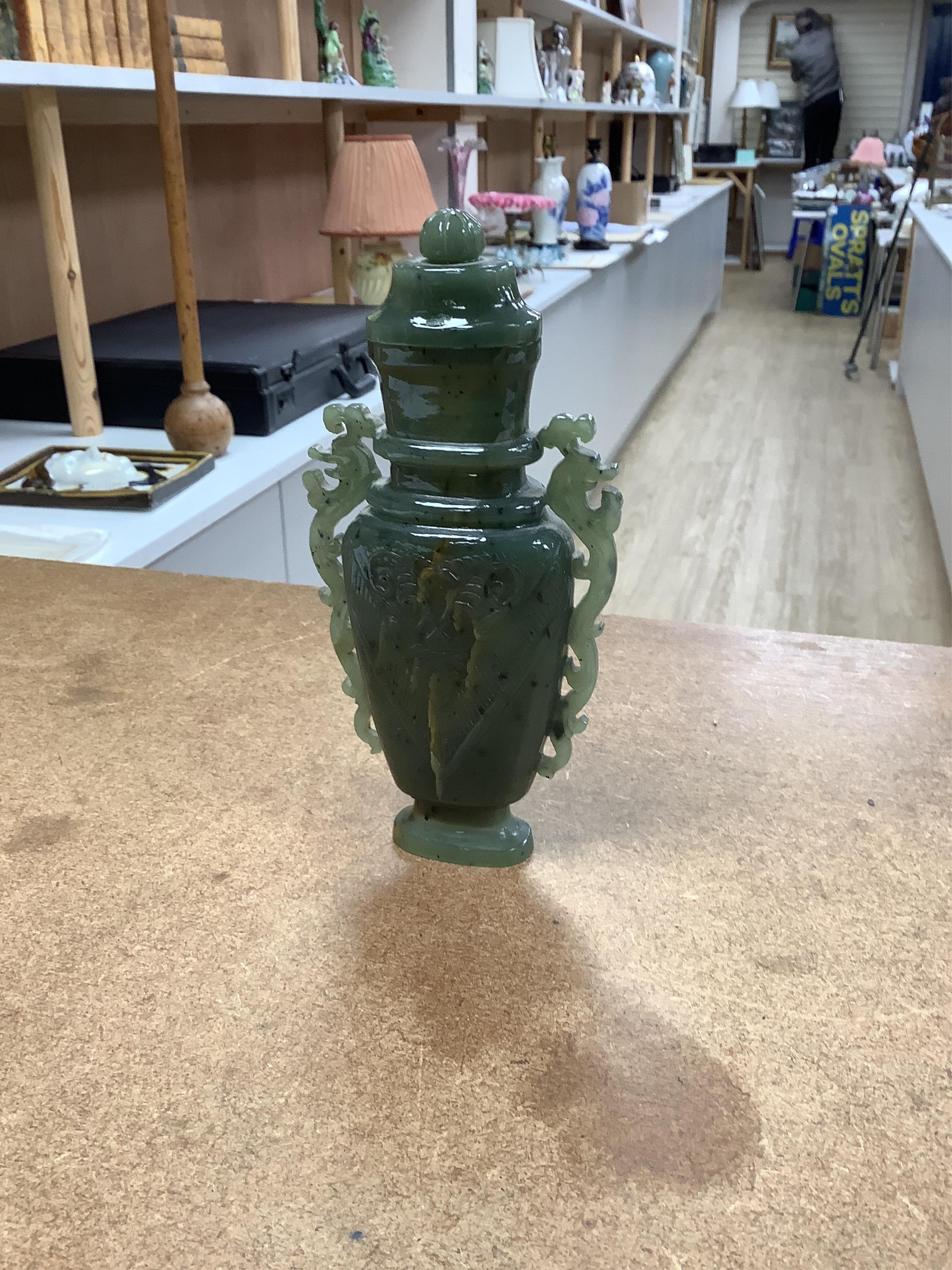 A group of Chinese and jadeite hardstone carvings to include seated figure of Buddha and twin handled censer on hardwood stand, largest 19cm high. Condition - fair to good